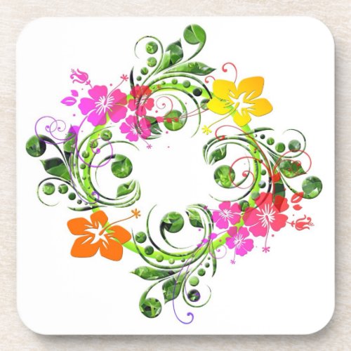 Hibiscus tropical flower wreath beverage coaster