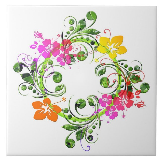 Hibiscus tropical flower wreath ceramic tile (Front)
