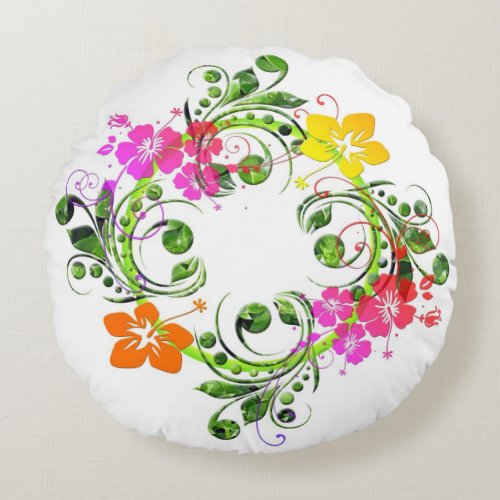 Hibiscus tropical flower wreath colorful Hawaiian  Round Pillow