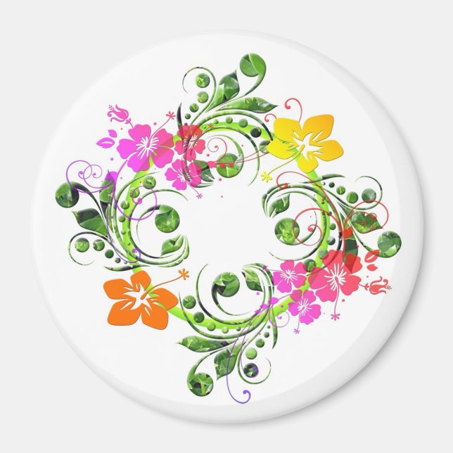 Hibiscus tropical flower wreath green pink yellow magnet (Front)
