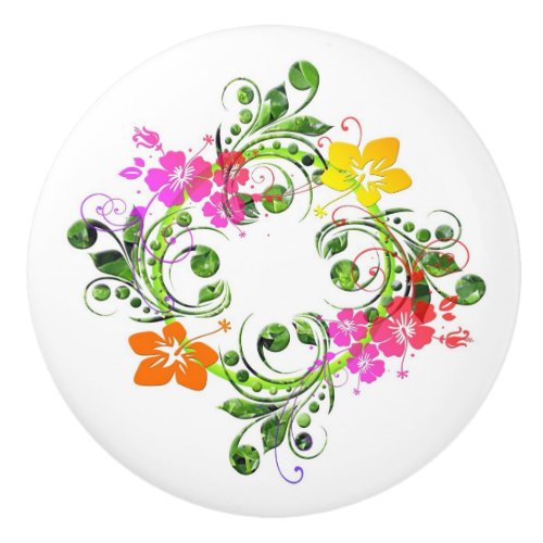 Hibiscus tropical flower wreath Hawaiian floral Ceramic Knob