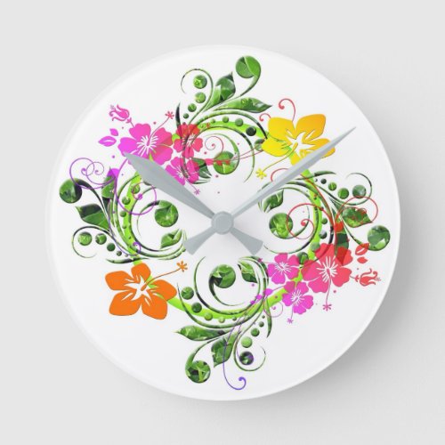 Hibiscus tropical flower wreath round clock