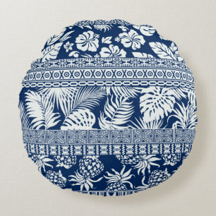 Hibiscus tropical leaves hawaiian ornament wallpap round pillow
