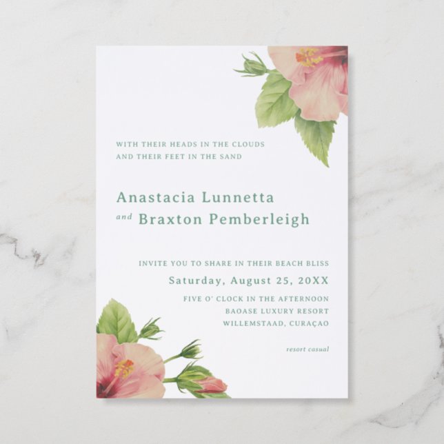 Hibiscus Tropical Letterpress Wedding Invitation (Front)