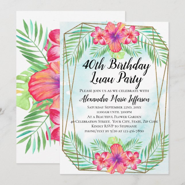 Hibiscus Tropical Luau Beach 40th Birthday Invitation (Front/Back)