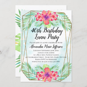 Hibiscus Tropical Luau Beach 40th Birthday Invitation