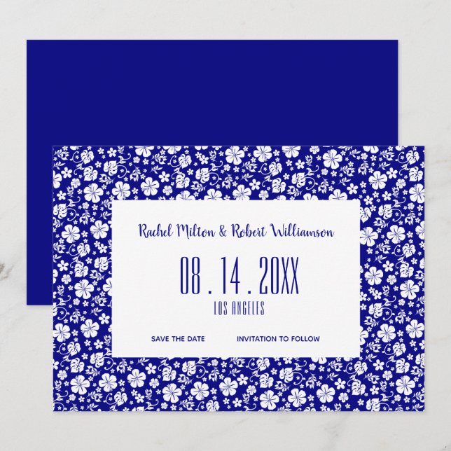 Hibiscus Tropical Navy Blue Wedding Save The Date (Front/Back)