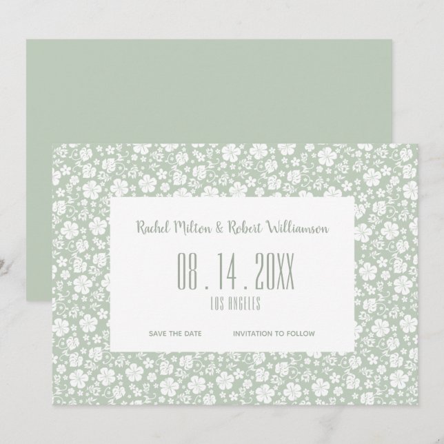 Hibiscus Tropical Pale Green Wedding Save The Date (Front/Back)