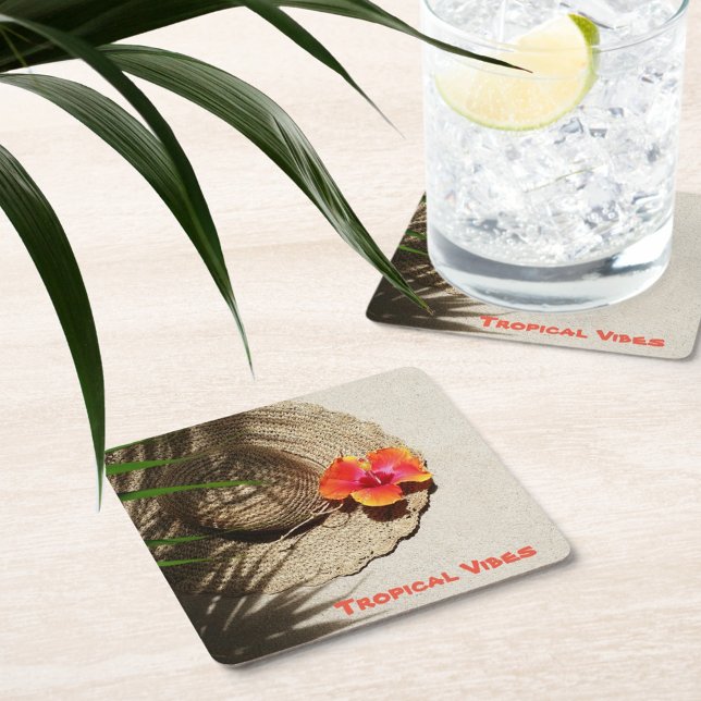 Hibiscus Tropical Vibes Straw Hat Square Paper Coaster (Creator Uploaded)