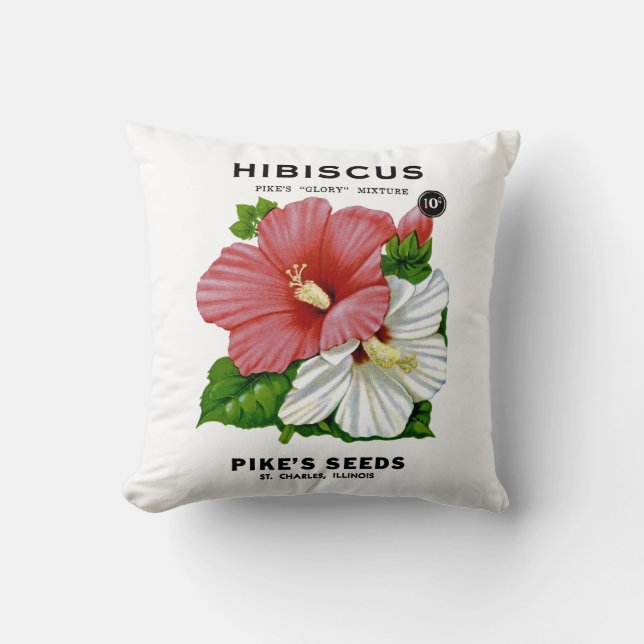 Hibiscus Vintage Seed Packet Throw Pillow (Front)