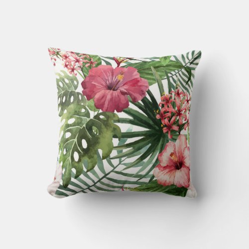 Hibiscus w Tropical Foliage pink green white Throw Pillow