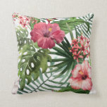 Hibiscus w Tropical Foliage pink green white Throw Pillow