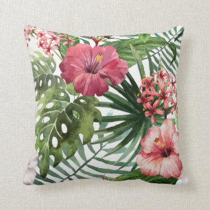Hibiscus w Tropical Foliage pink green white Throw Pillow