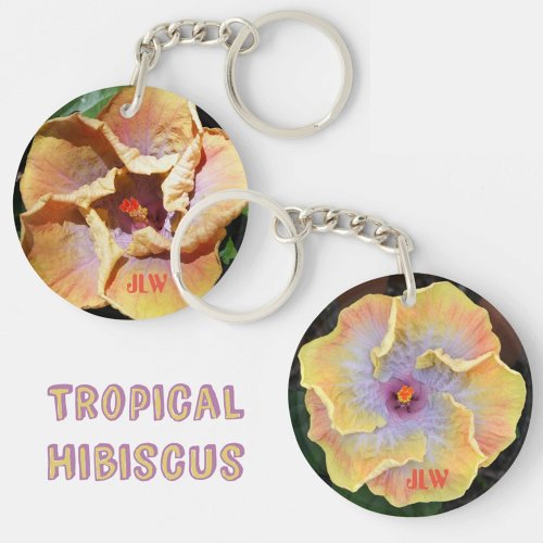 Hibiscus Yellow and Lilac Flowers with Initials Keychain