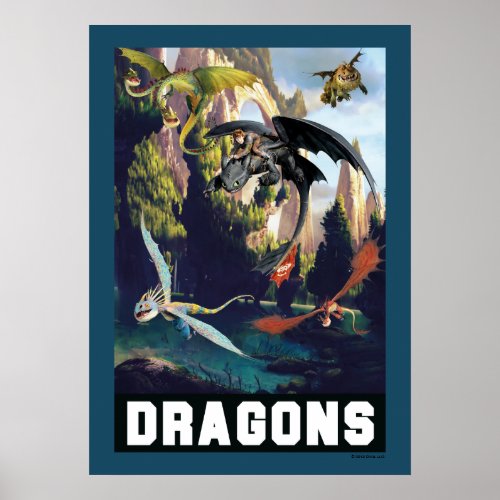 Hiccup and Dragons Flying Over Island Forest Poster