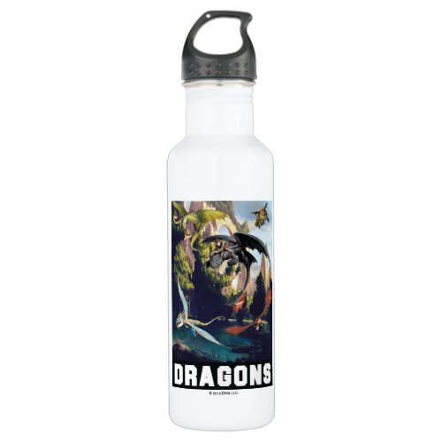 Hiccup and Dragons Flying Over Island Forest Stainless Steel Water Bottle