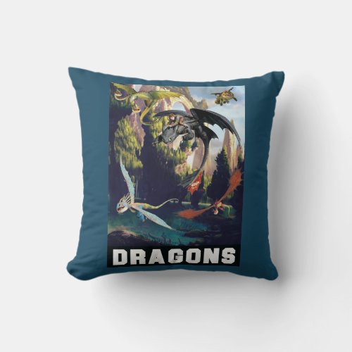 Hiccup and Dragons Flying Over Island Forest Throw Pillow