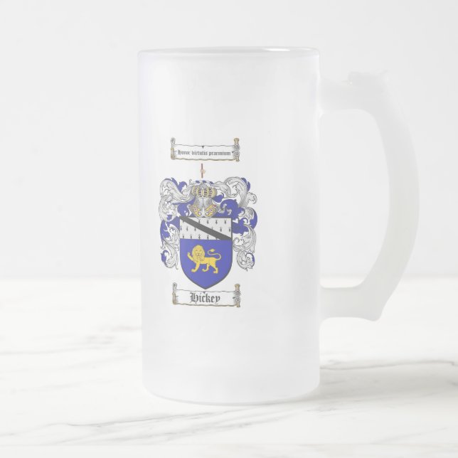 HICKEY FAMILY CREST -  HICKEY COAT OF ARMS FROSTED GLASS BEER MUG (Right)