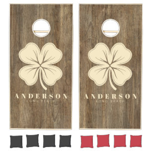 Hickory Wood Four Leaf Clover with Name Cornhole Set