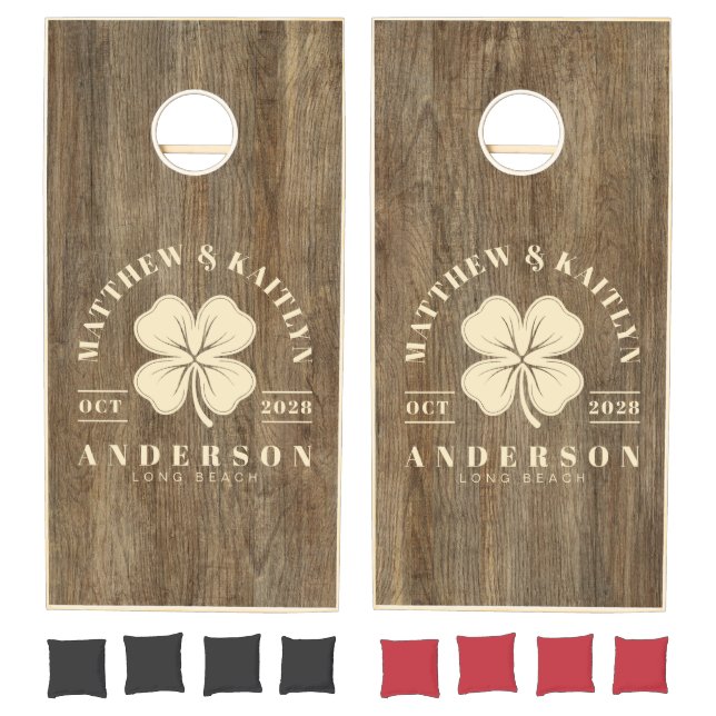 Hickory Wood Irish Clover Wedding Crest Cornhole Set (Set)