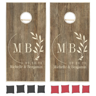 Hickory Wood Leaf Wedding Monogram Cornhole Set