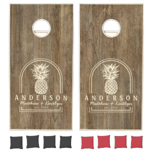 Hickory Wood Pineapple Wedding Arch & Name Cornhole Set