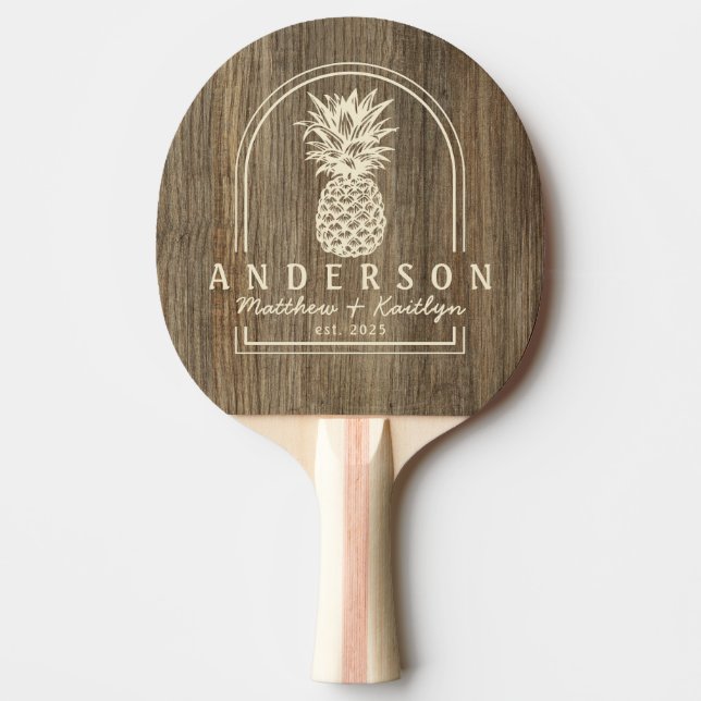 Hickory Wood Pineapple Wedding Arch & Name Ping Pong Paddle (Front)