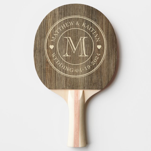 Hickory Wood Wedding Monogram Heart Ping Pong Paddle (Front)