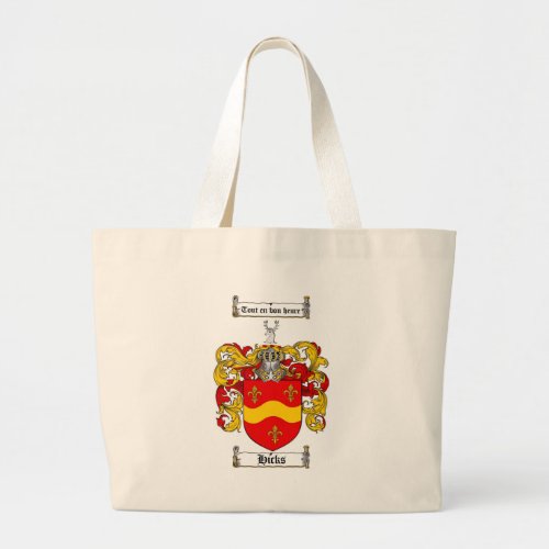 HICKS FAMILY CREST _  HICKS COAT OF ARMS LARGE TOTE BAG