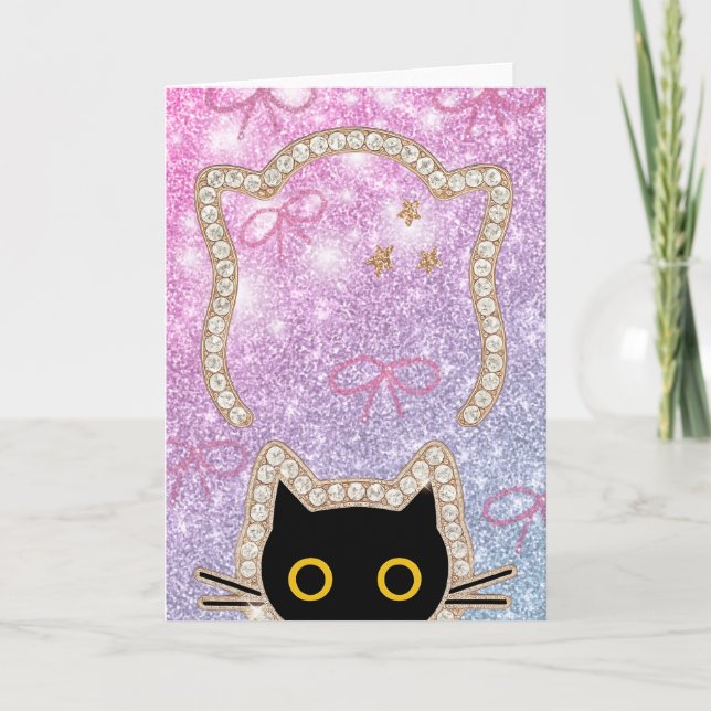 Hidden Black Cat Peeking Cute Kawaii Kitty Lovers Card (Front)