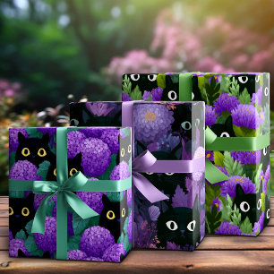Hidden Black Cats in Dreamy Purple Floral Garden Wrapping Paper Sheets