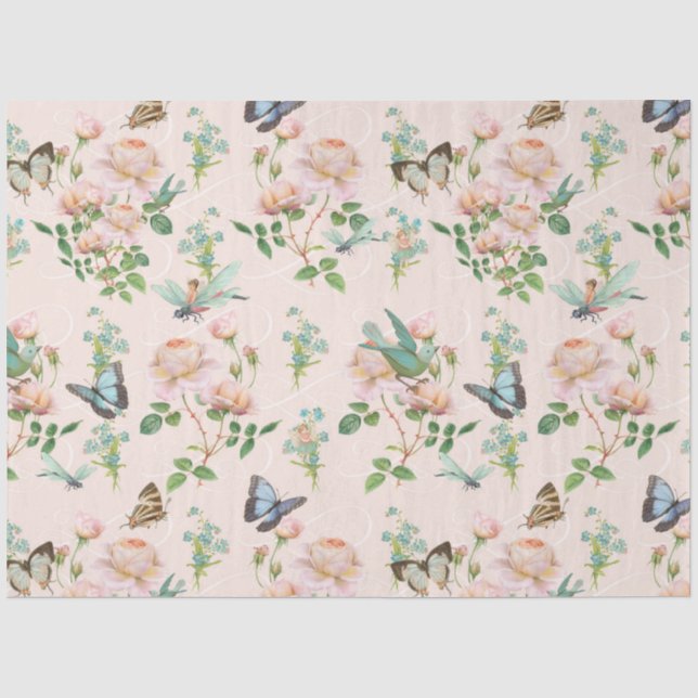 Hidden Fairy Blush Pink Floral Dragonfly Butterfly Tissue Paper (Front)