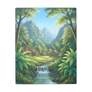 Hidden Forest Village by the Waterfall Metal Print