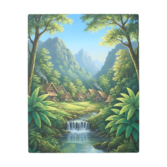 Hidden Forest Village by the Waterfall Metal Print (Front)
