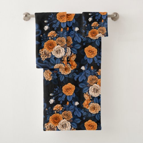 Hidden in the roses orange and blue bath towel set