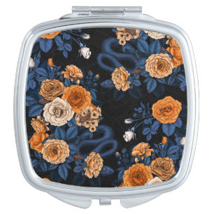 Hidden in the roses, orange and blue compact mirror
