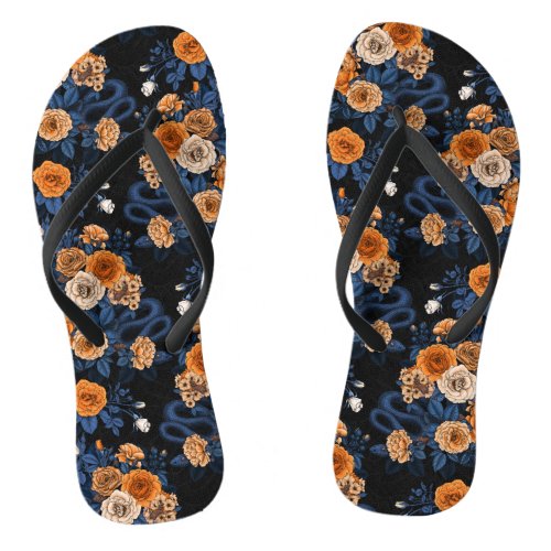 Hidden in the roses orange and blue flip flops