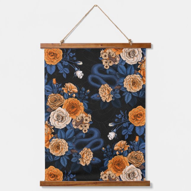 Hidden in the roses, orange and blue hanging tapestry (Front)