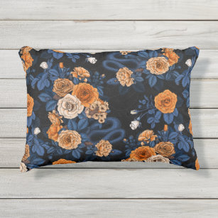 Hidden in the roses, orange and blue outdoor pillow