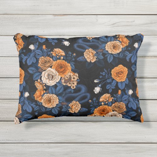 Hidden in the roses orange and blue outdoor pillow