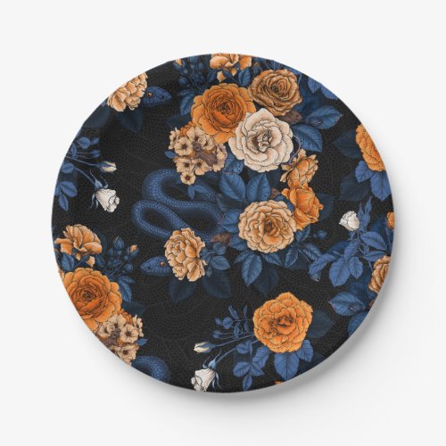 Hidden in the roses orange and blue paper plates