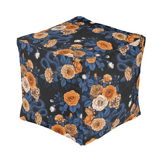 Hidden in the roses, orange and blue pouf (Angled Front)