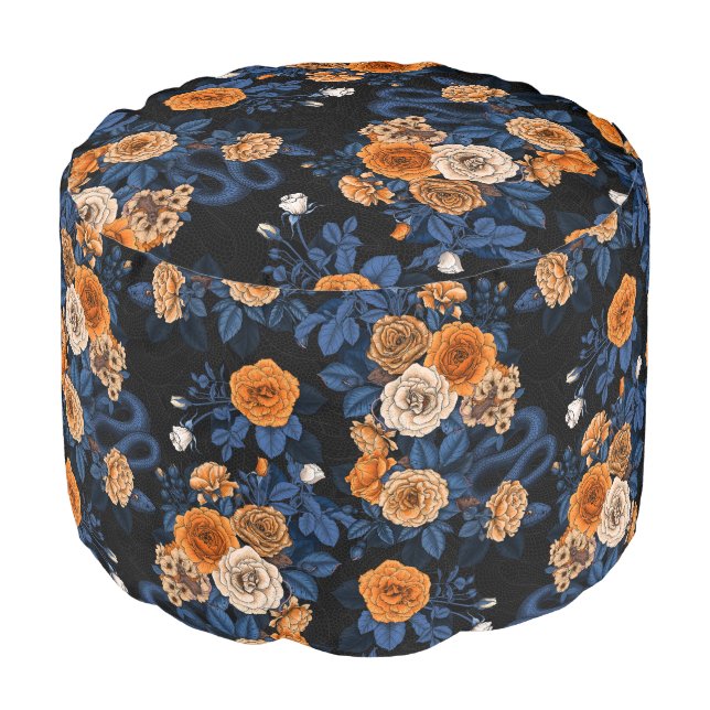 Hidden in the roses, orange and blue pouf (Angled Front)