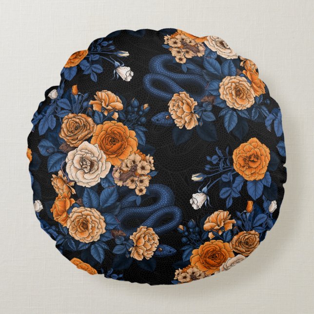 Hidden in the roses, orange and blue round pillow (Front)
