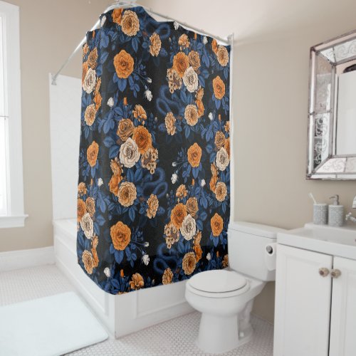 Hidden in the roses orange and blue shower curtain