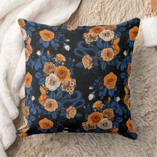 Hidden in the roses, orange and blue throw pillow