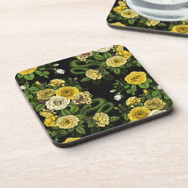 Hidden in the roses,yellow and green beverage coaster (Left Side)