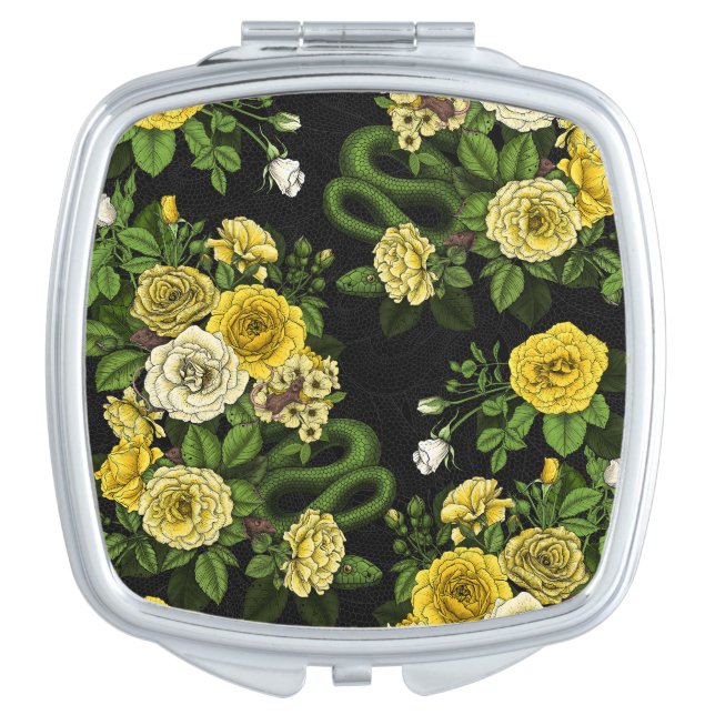 Hidden in the roses, yellow  and green compact mirror (Front)