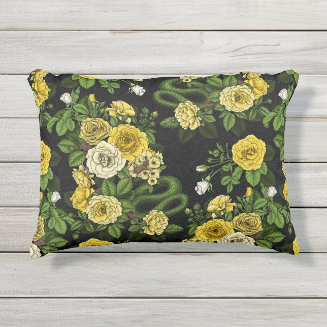 Hidden in the roses, yellow and green outdoor pillow (Front)