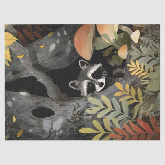 Hidden Raccoon Whimsical Illustration Decoupage Tissue Paper (Front)